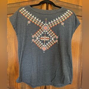 Charcoal Women's Tee with Aztec Embroidery and silver studs